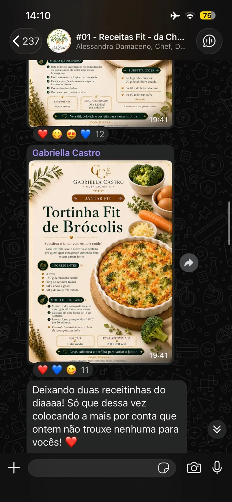 Print do grupo exclusivo de receitas da Chef Gabi no WhatsApp