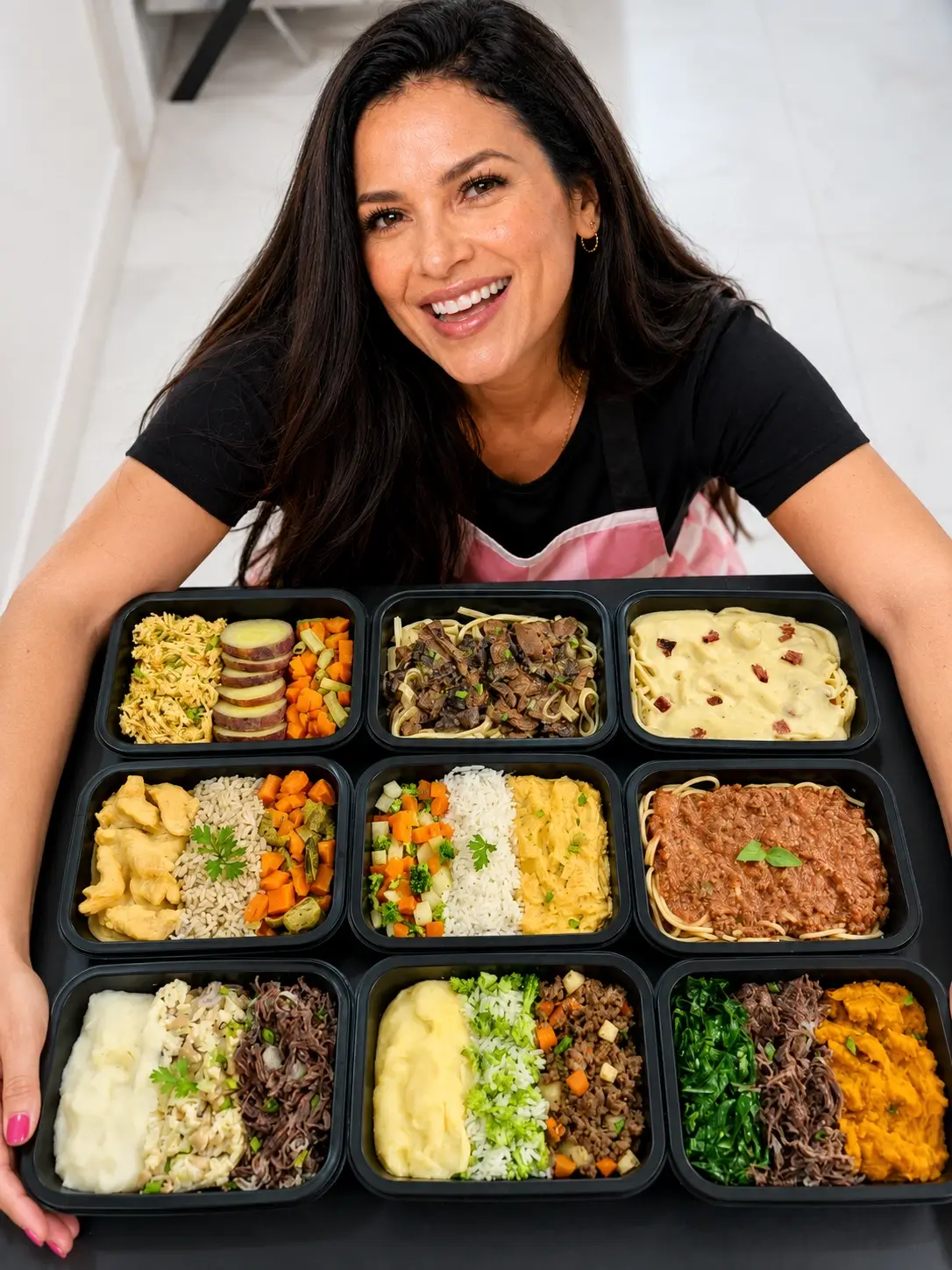 Chef Gabi sorrindo com marmitas prontas e coloridas